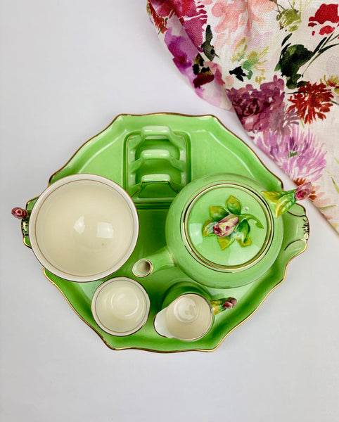 Rare Royal Winton Green Rosebud Breakfast Set Complete 7-Piece