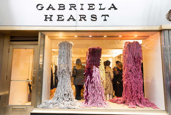View looking into the store of Gabriela Hearst showing three of the 8 soft sculptural forms created for  a Woolmark event celebrating the launch of Heart's Spring 2019 collection.