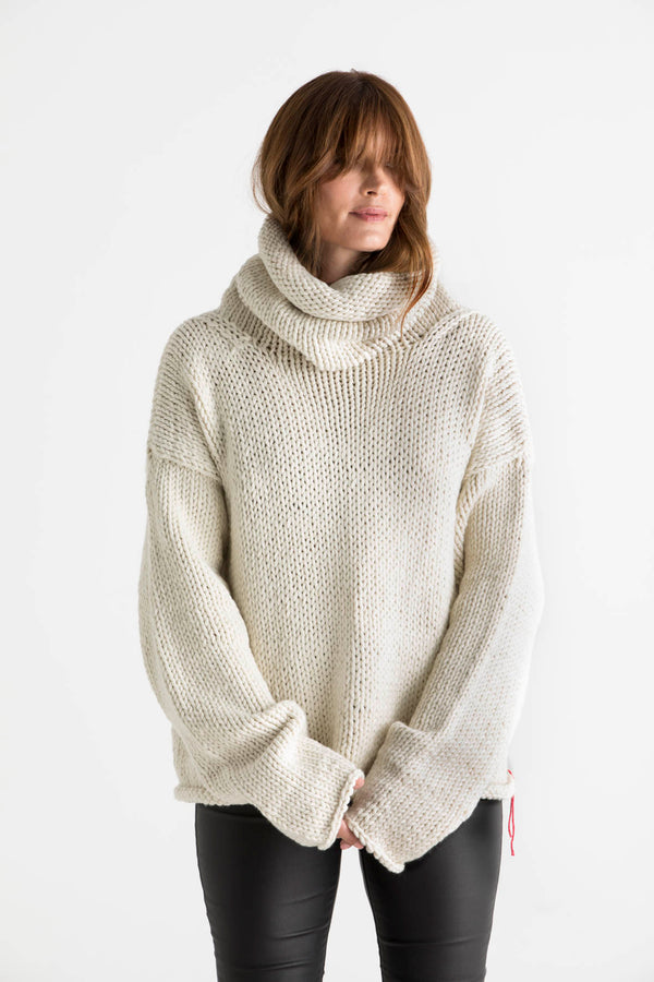 Image of the Ingrid sweater knitted in Meadow, a super chunky yarn made from Australian merino Wool.