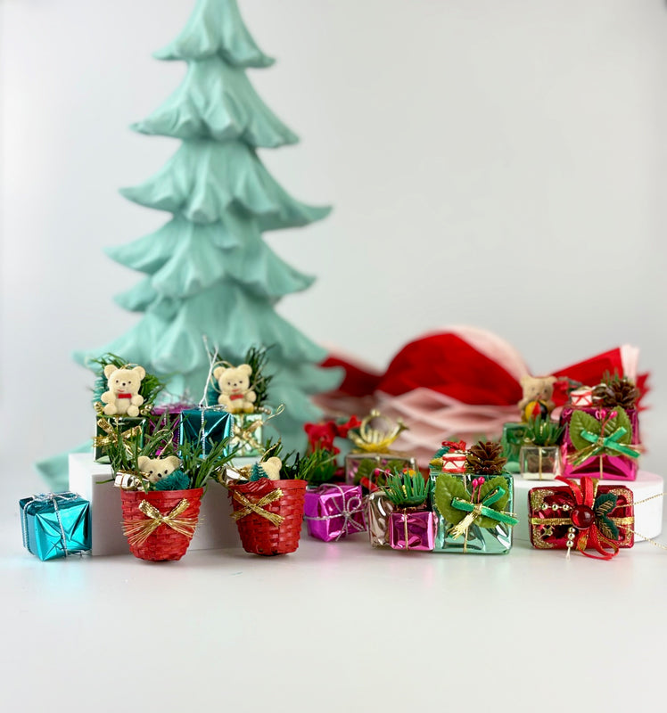 Vintage Christmas Decoration bundle with flocked teddies and foiled wrapped gifts. 12 pieces in this collection.