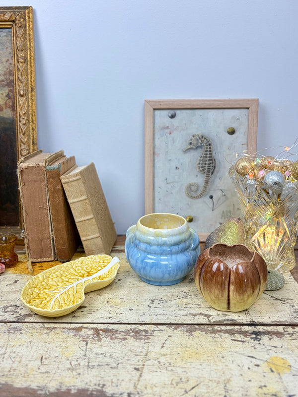Newtone blue vase displayed between a yellow cabbage leaf dish and a brown ribbed posy vase, with vintage books and framed art behind.