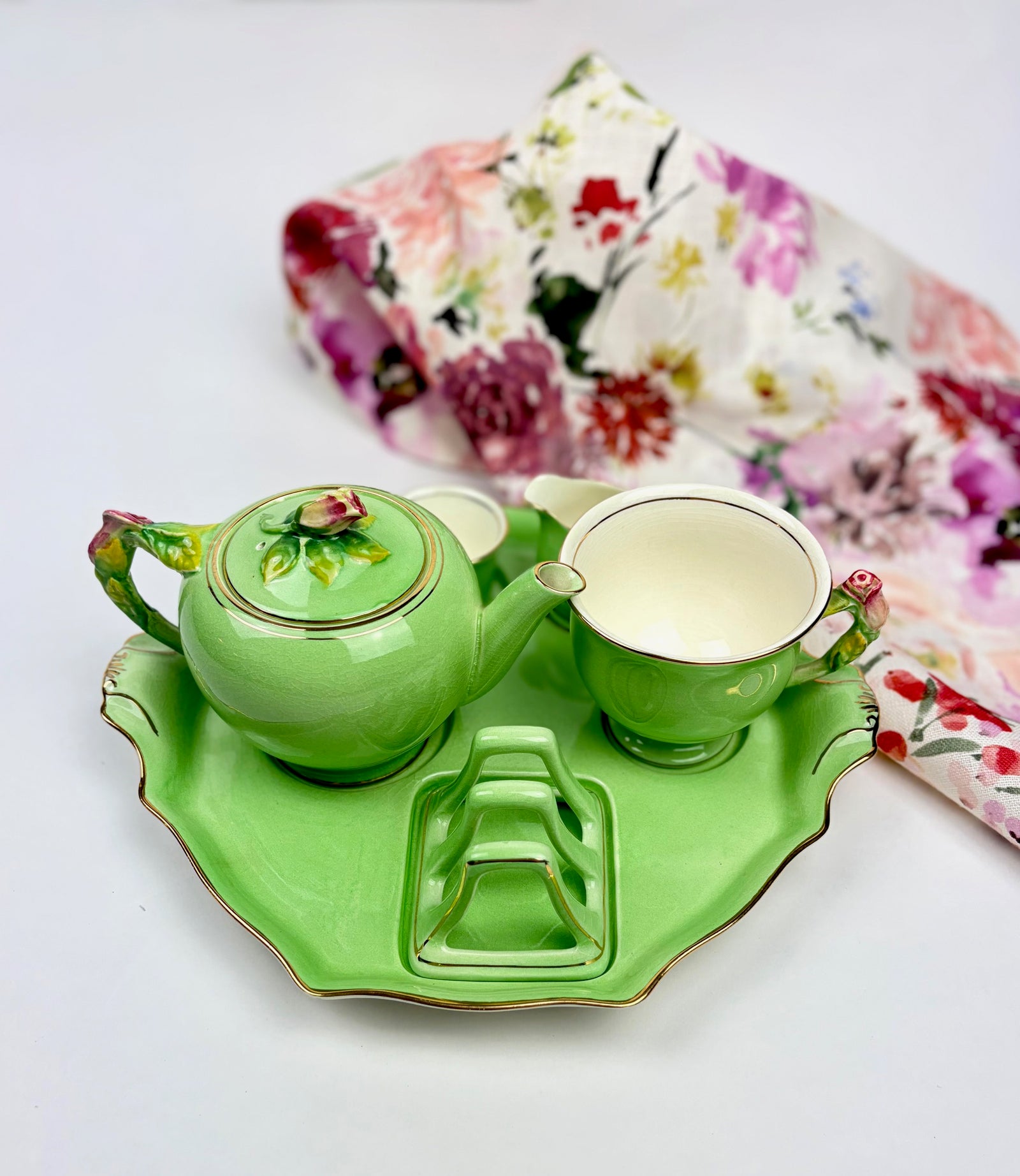 Rare Royal Winton Green Rosebud Breakfast Set Complete 7-Piece