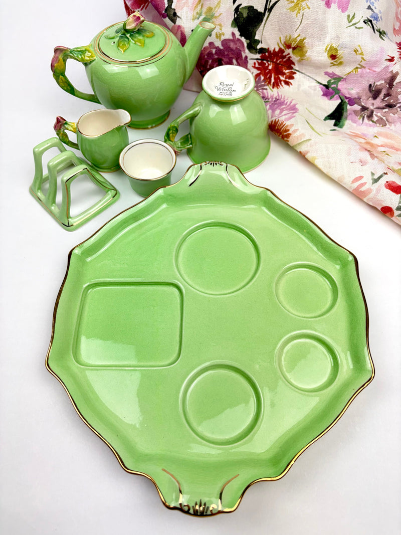 イギリス　ウィントンモーニングセット Rare Royal Winton Green Rosebud Breakfast Set Complete 7-Piece