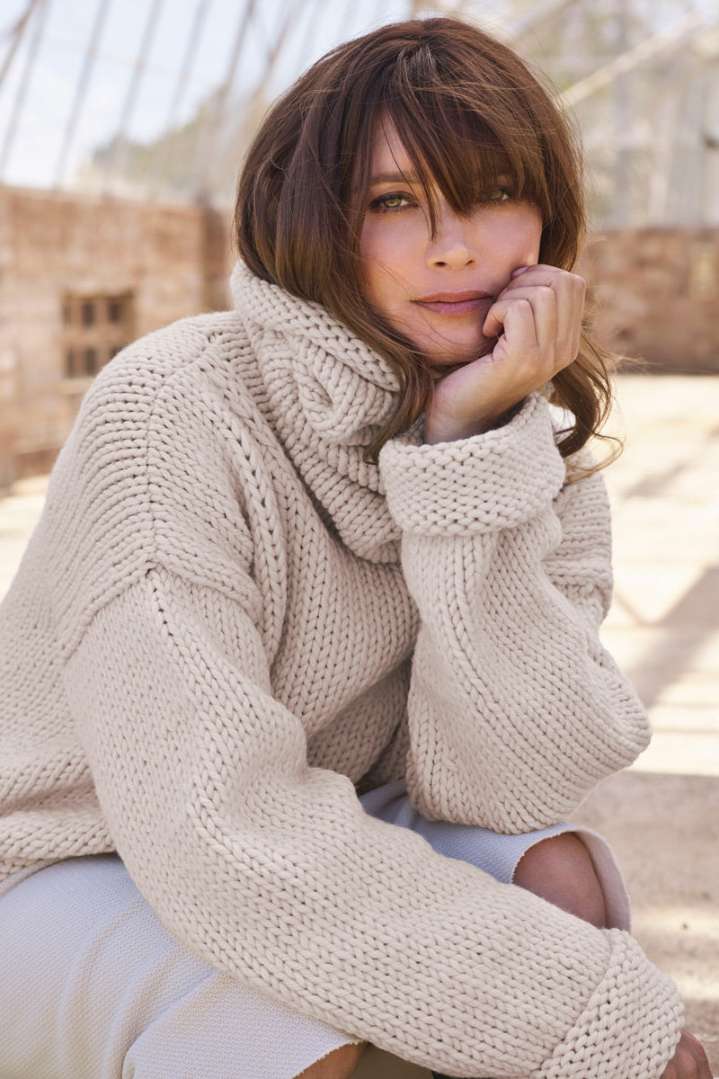 The Ingrid Sweater knitted with Meadow, our super chunky yarn made from Australian Merino Wool.