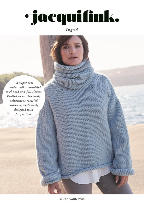 Front cover of pattern for Ingrid Down neck sweater in cashmere