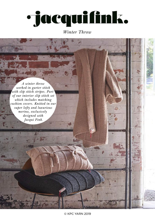 Front cover of pattern for The Winter Throw knitted in Meadow, our super chunky merino wool yarn. Colour - Doeskin.