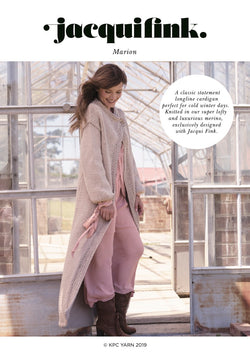 Lifestyle Shot of Marion Long Line Cardigan knitted in Meadow in colour Doeskin as shown in pattern