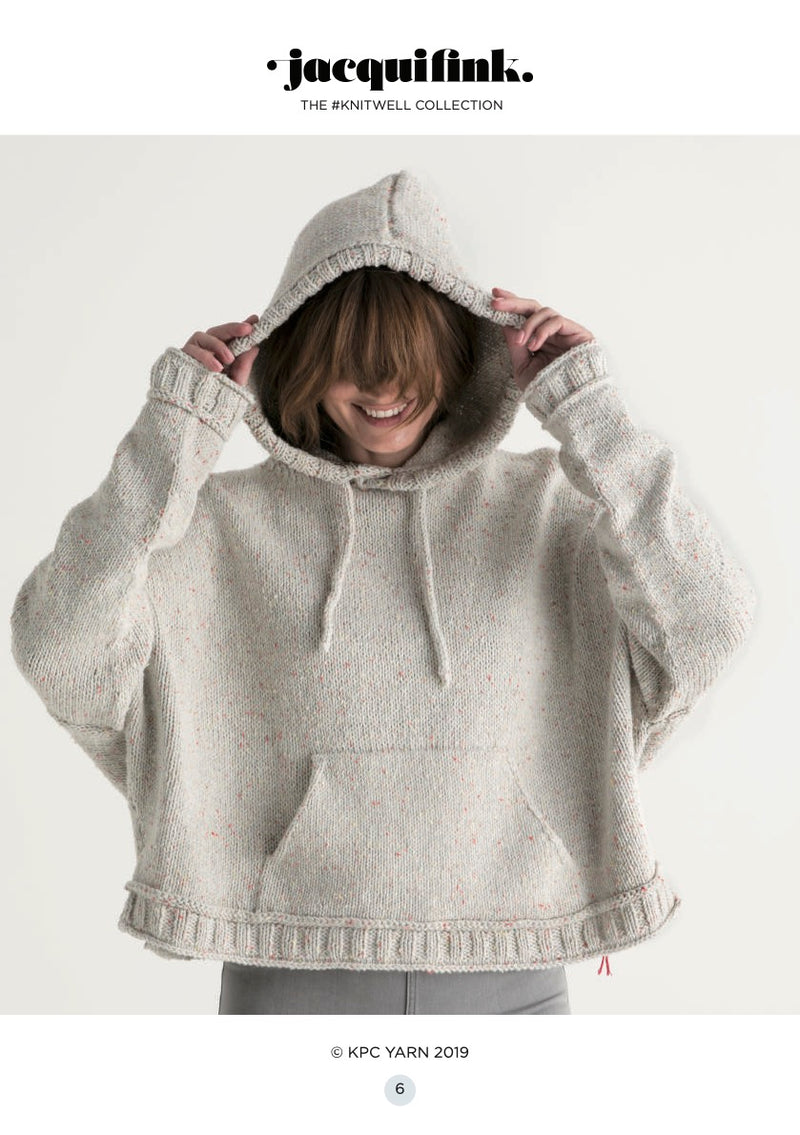 Front view of Jo Hoodie with hood on as shown in pattern