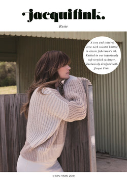 Front cover of pattern for Rosie, a classic crew neck sweater with colour blocking detail. Knitted using GraceAran, a recycled cashmere yarn in colours Hush and Wheat.