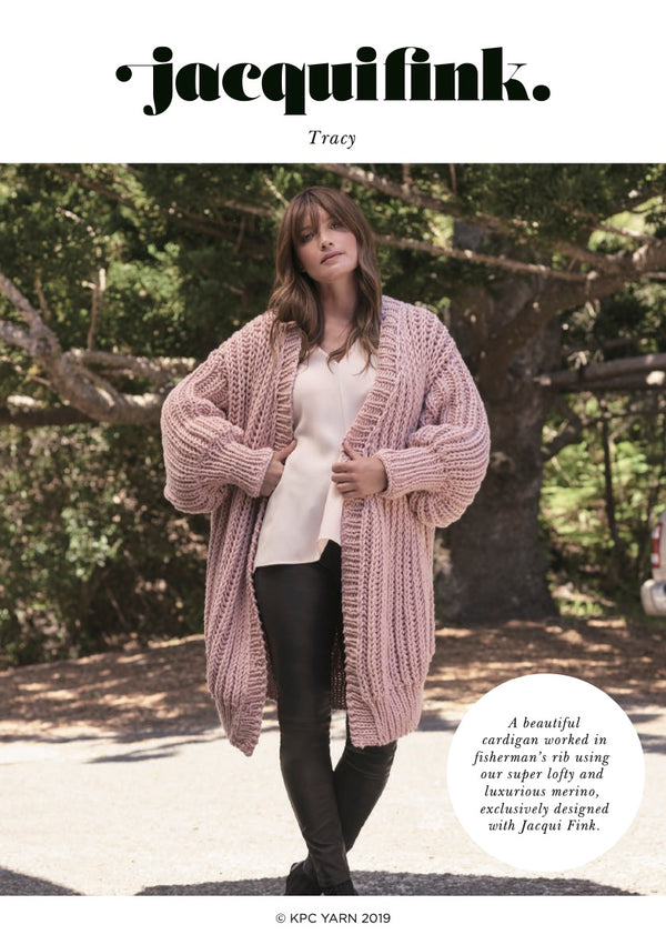 Front cover of pattern for the Tracy Cardigan knitted in Meadow in colour Rose.
